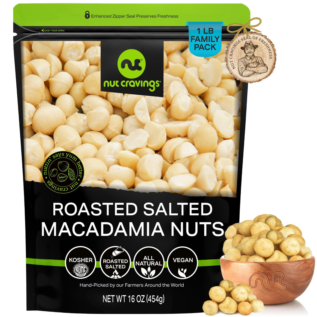 Nut Cravings front packaging showing 16oz resealable bag and premium look, keeps nuts fresh