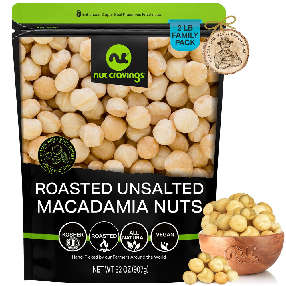 Nut Cravings front packaging of 32oz roasted macadamia nuts highlighting size and resealable bag