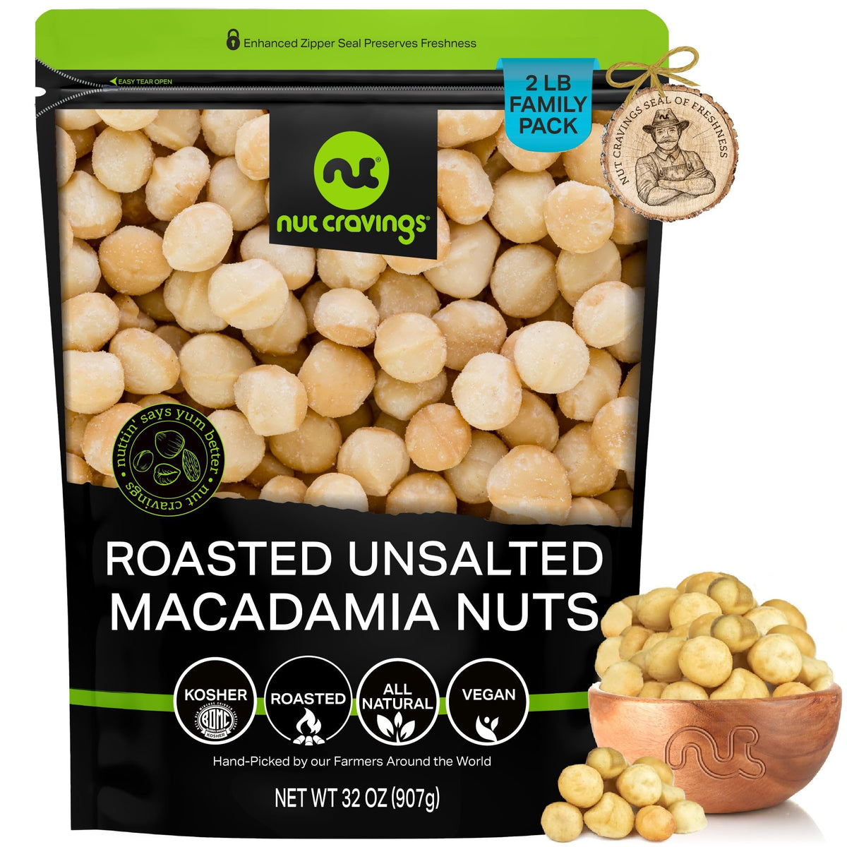 Nut Cravings front packaging of 32oz roasted macadamia nuts highlighting size and resealable bag