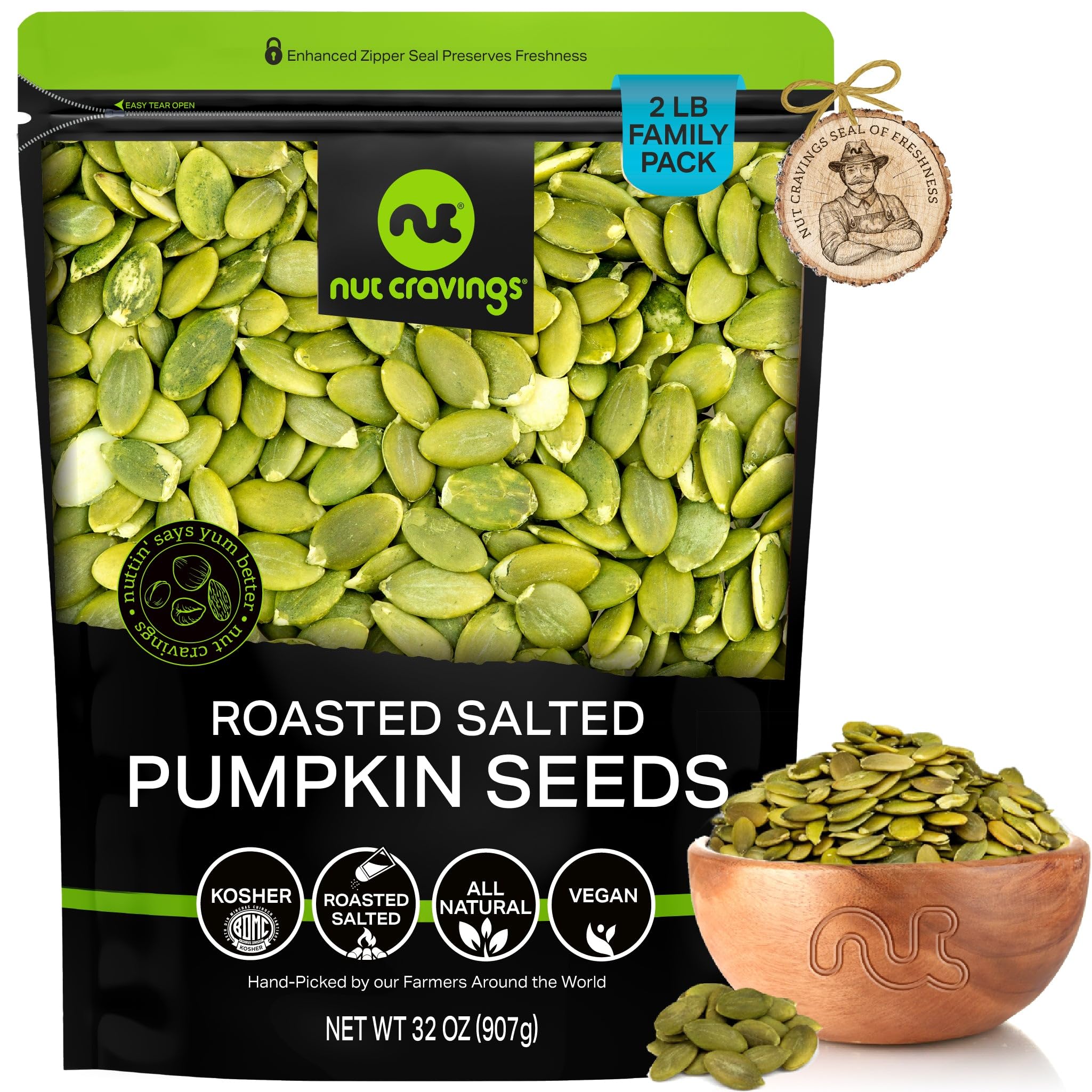 Nut Cravings front packaging shows 32oz bag and clear branding, convenient value