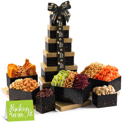 Nut Cravings front packaging showing elegant black and gold gift box and ribbon benefiting presentation