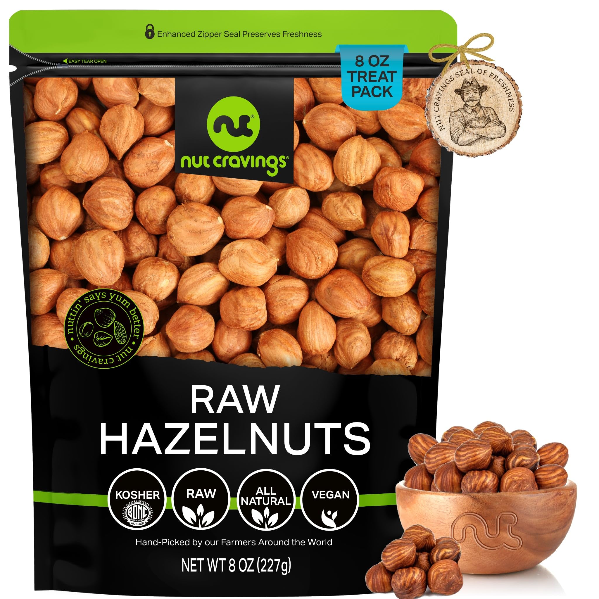 Nut Cravings front packaging showing 8oz bag and fresh nuts benefit
