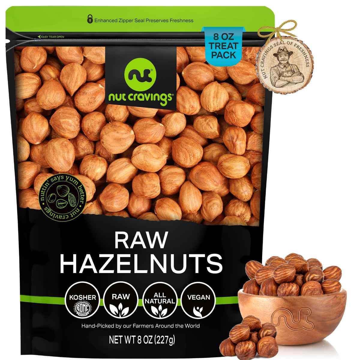 Nut Cravings front packaging showing 8oz bag and fresh nuts benefit