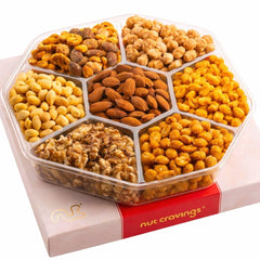 Nut Cravings front packaging showing red and gold gift box and clear window for presentation and gifting