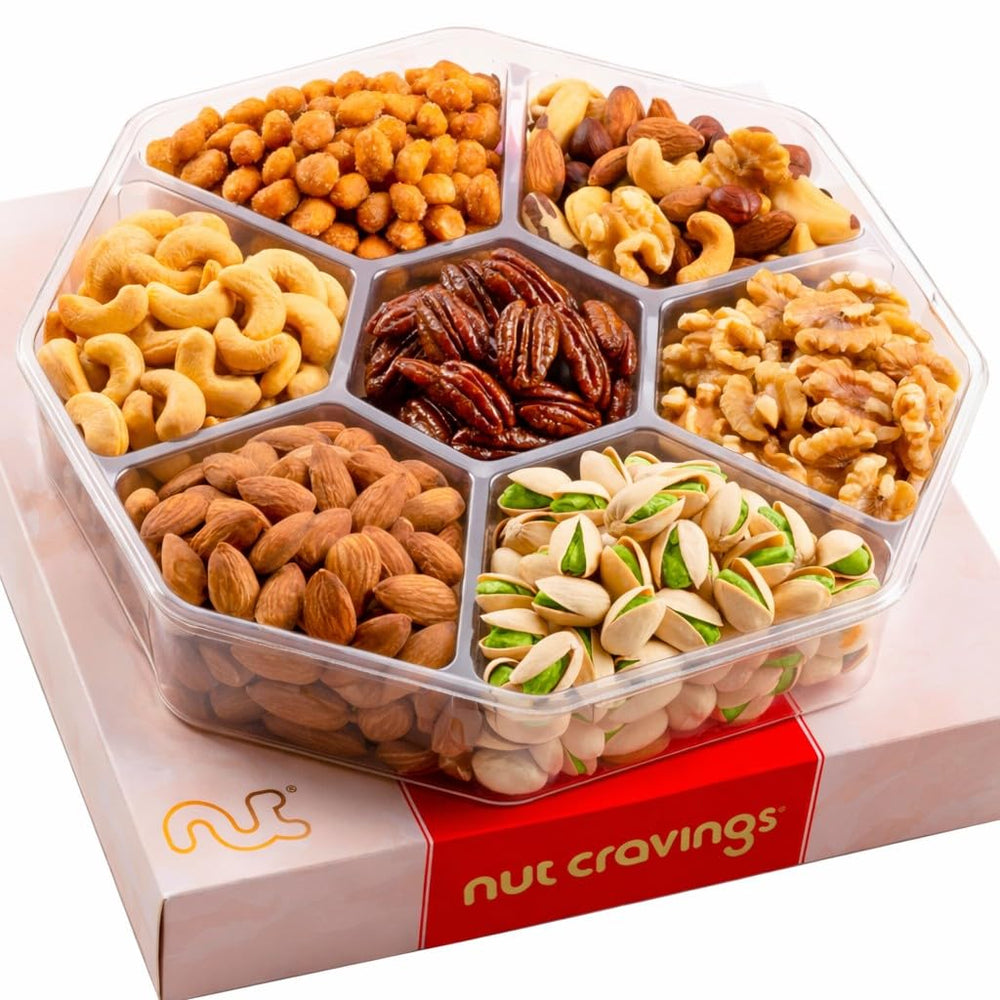 Nut Cravings front view of red and gold gift box showing premium presentation and convenience