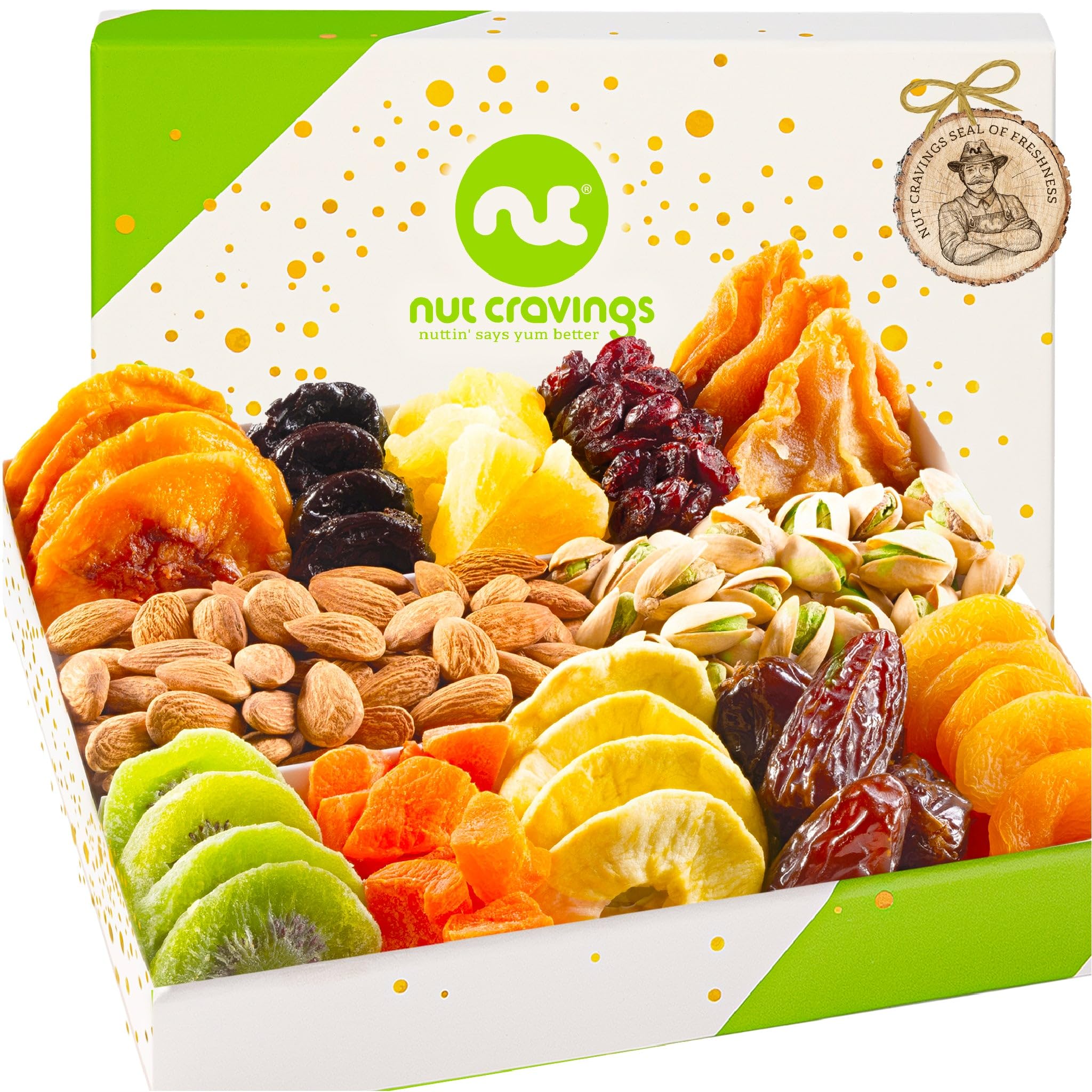 Nut Cravings green and white gift box front showcasing elegant gold stamping and premium presentation