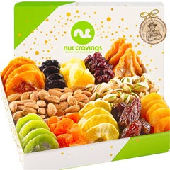 Nut Cravings green and white gift box front showcasing elegant gold stamping and premium presentation
