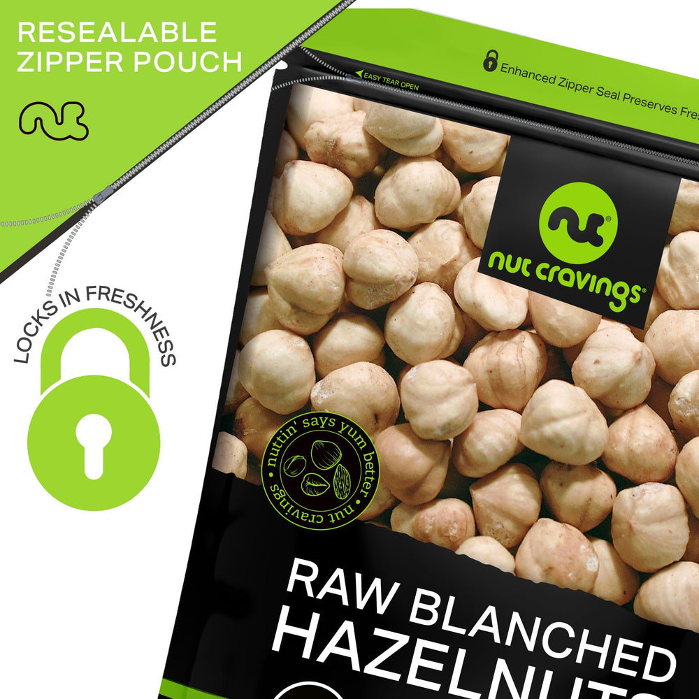 Nut Cravings hazelnuts beside baked tarts, ideal for desserts and toasting
