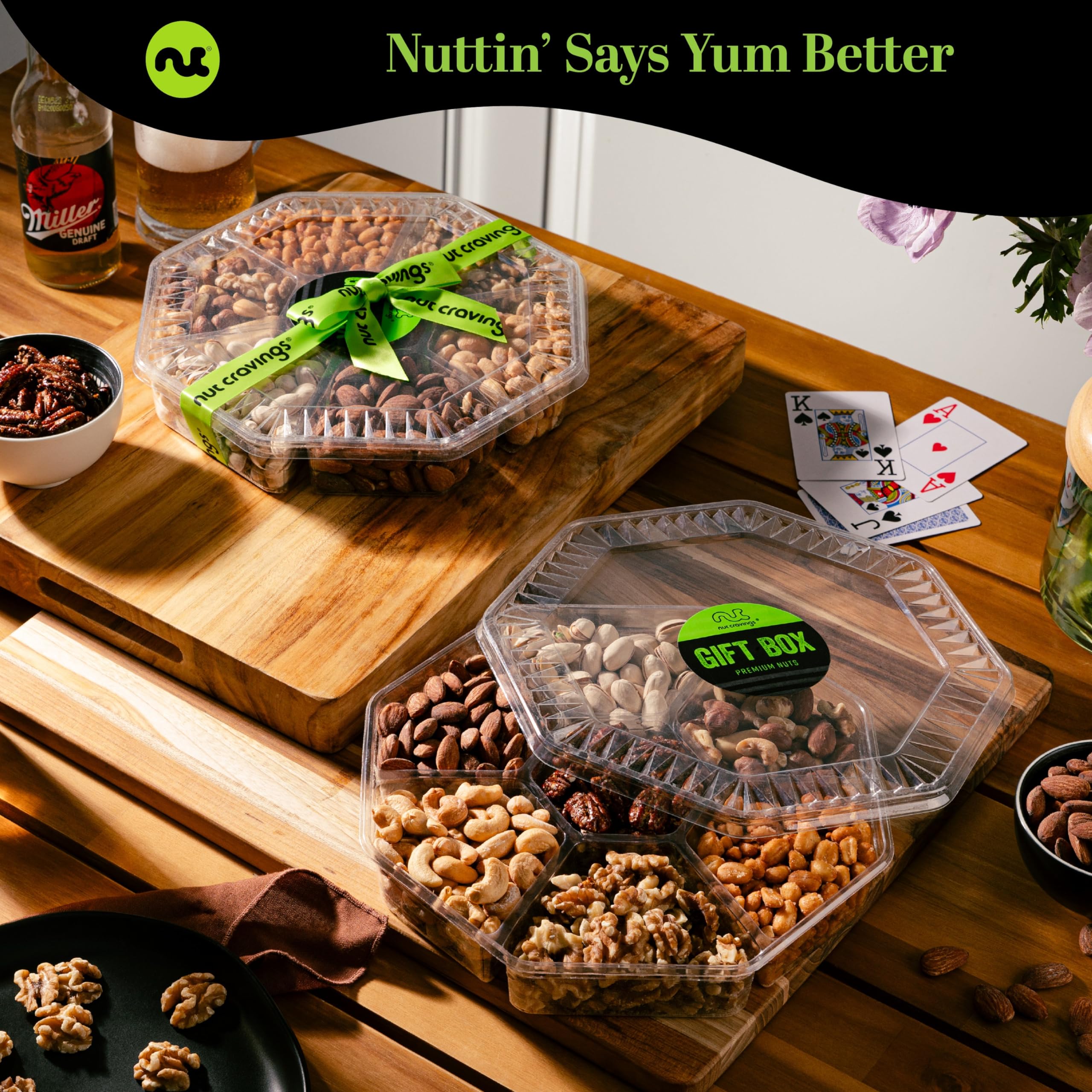 Nut Cravings clear hexagon tray top view with seven separate nut compartments