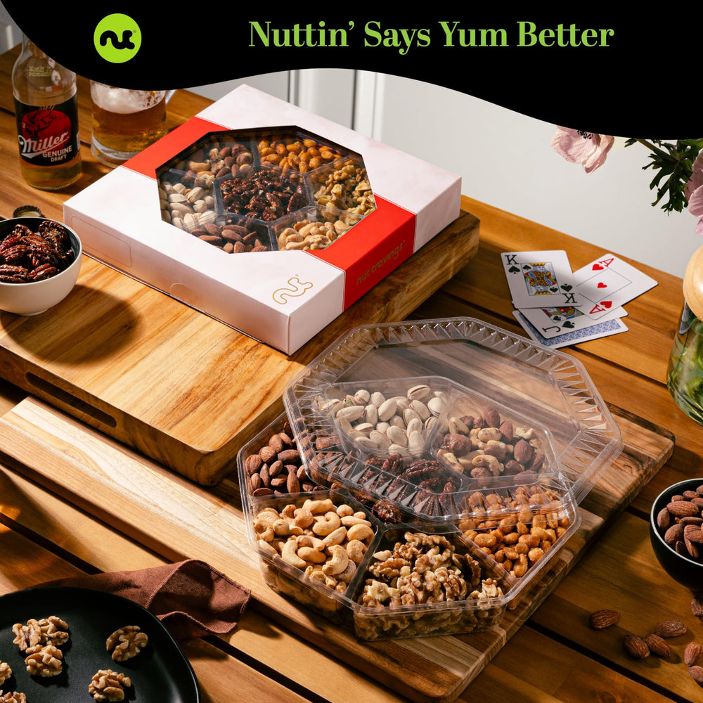 Nut Cravings top-down view of seven-section hexagon tray highlighting organized variety