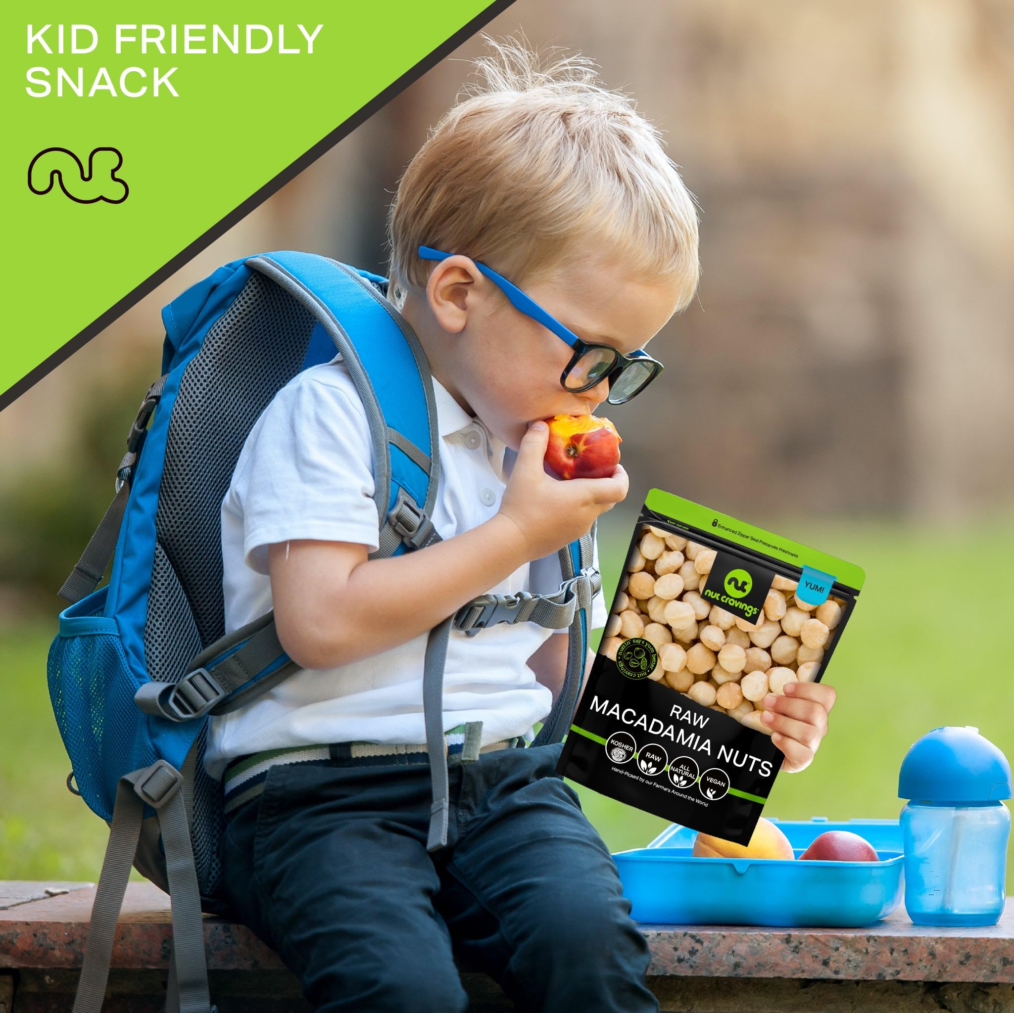 Nut Cravings macadamias on picnic cloth illustrating convenient, nutritious snack