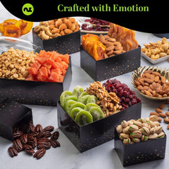 Nut Cravings open tower top view revealing twelve assortments for convenient gifting