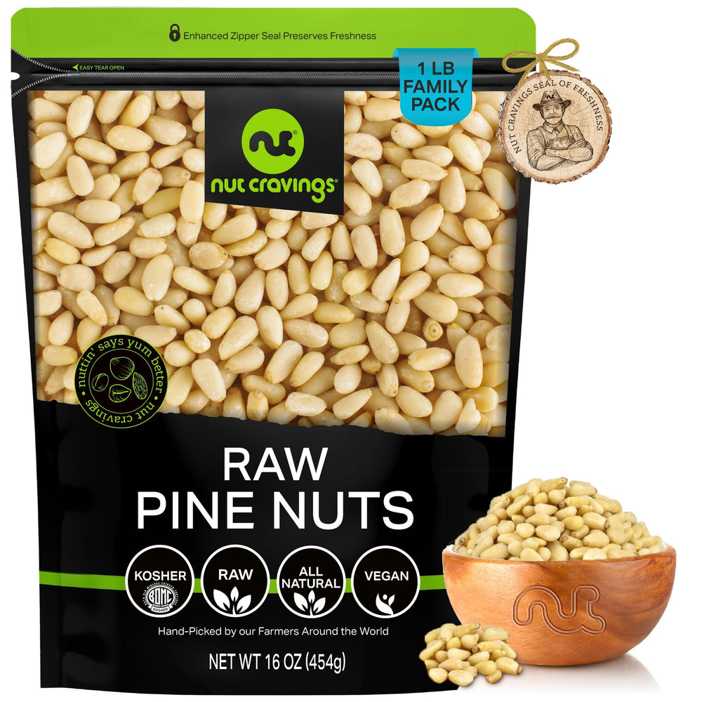 Nut Cravings front packaging of 16oz raw pine nuts showing product clarity and convenience
