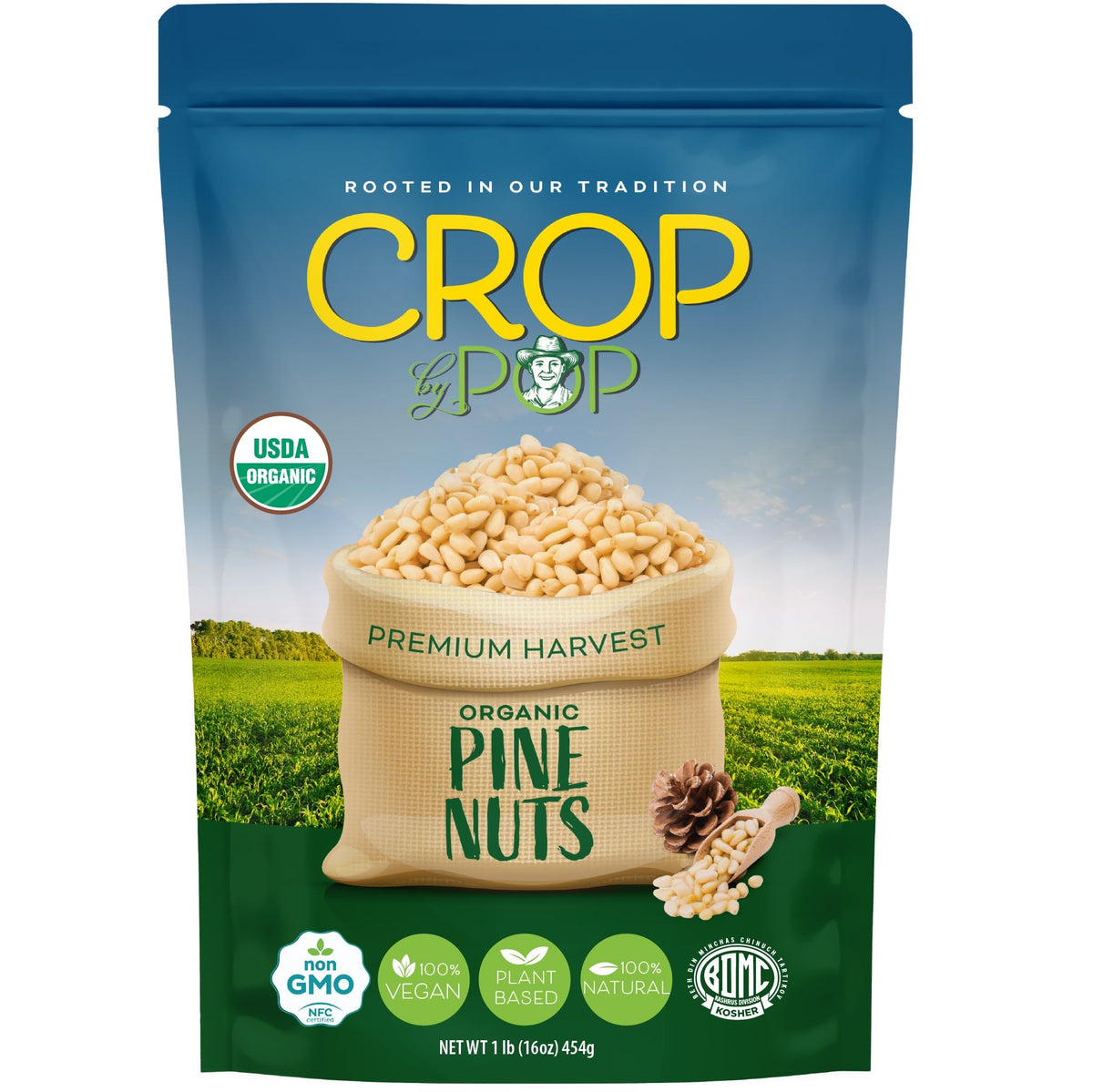 Nut Cravings front packaging showing 16oz organic pine nuts and clear labeling benefit: pantry-ready
