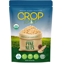 Nut Cravings front packaging showing 16oz organic pine nuts and clear labeling benefit: pantry-ready