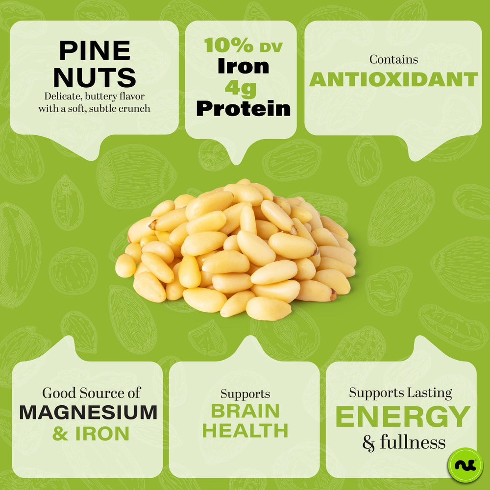 Nut Cravings open resealable bag of shelled pine nuts ready for scooping and use
