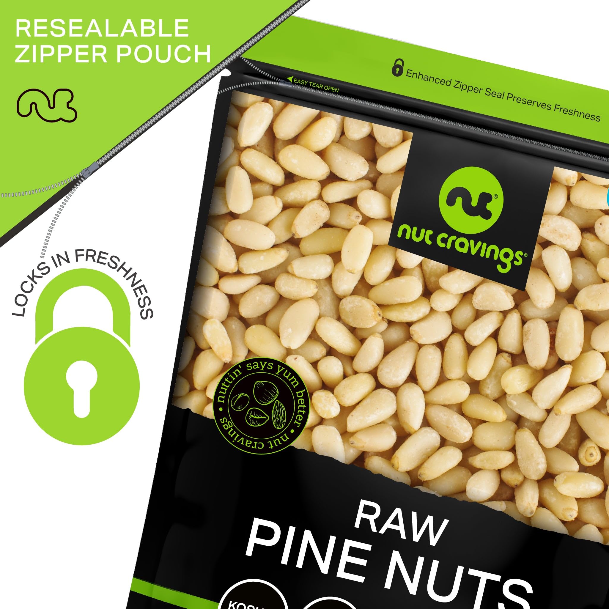 Nut Cravings pine nuts beside bowl of pesto illustrating ingredient use and freshness
