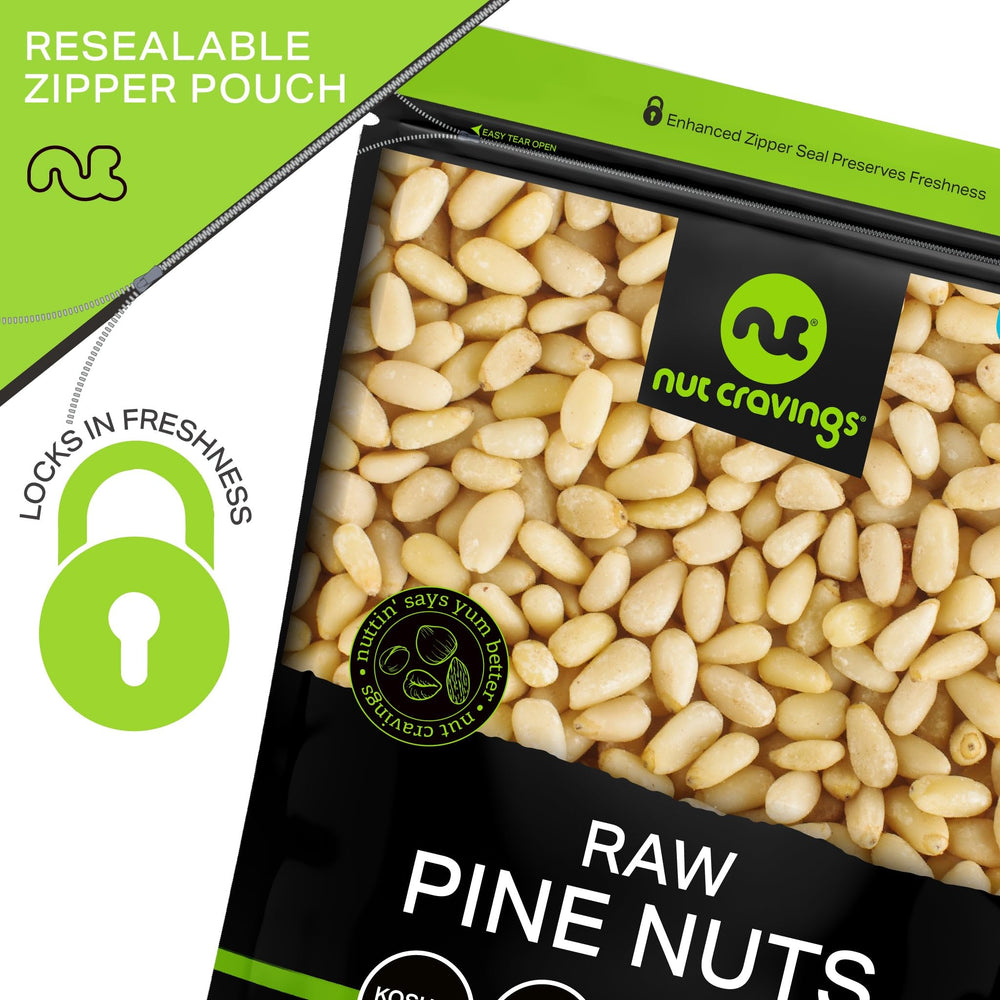 Nut Cravings pine nuts beside bowl of pesto illustrating ingredient use and freshness