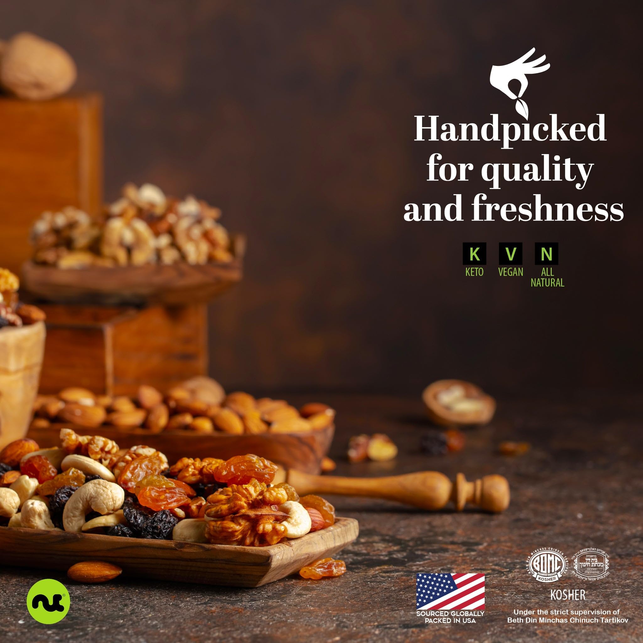 Nut Cravings bag next to a hand for scale illustrating the generous two-pound portion