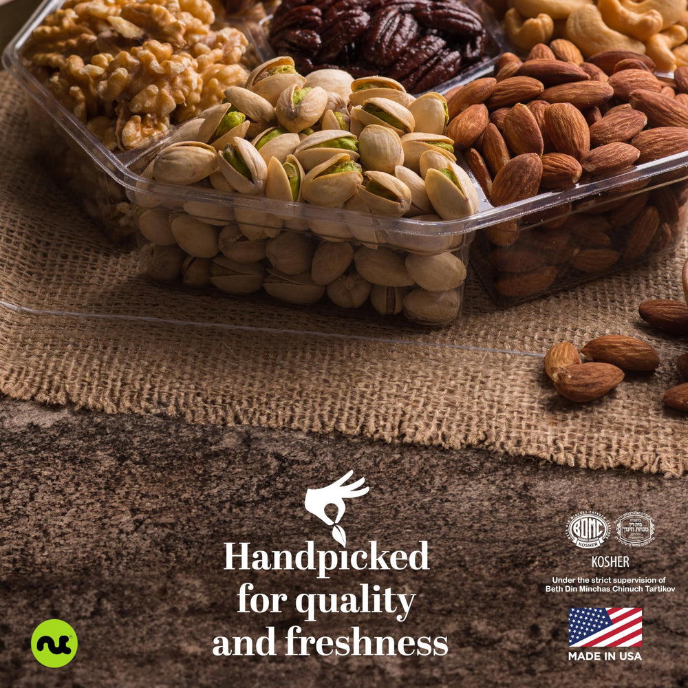 Nut Cravings tray with clear cover displaying organized assortments for gifting