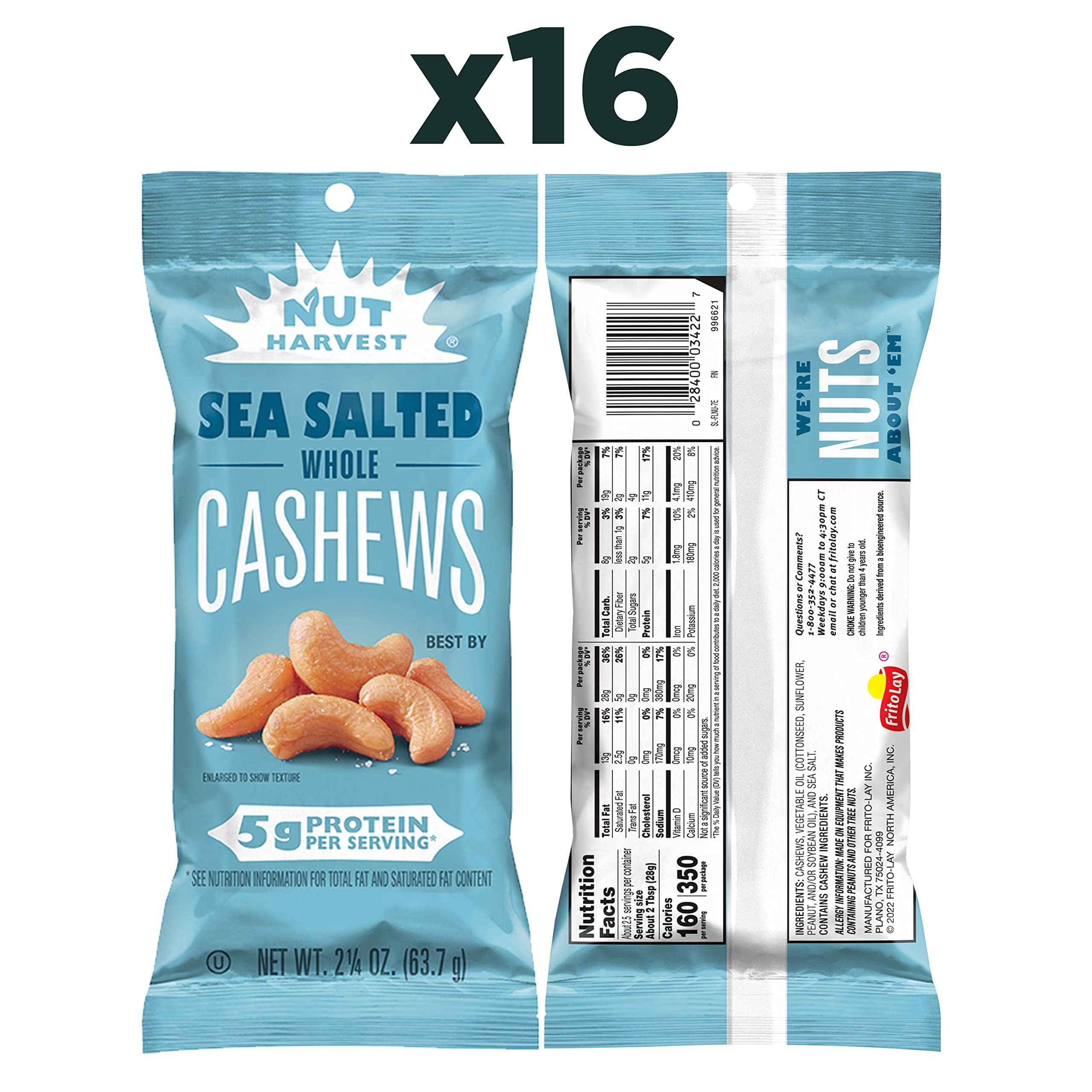 Nut Harvest opened 2.25 oz bag with whole cashews spilling, highlighting portability benefit
