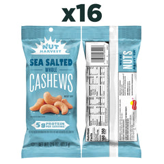 Nut Harvest opened 2.25 oz bag with whole cashews spilling, highlighting portability benefit