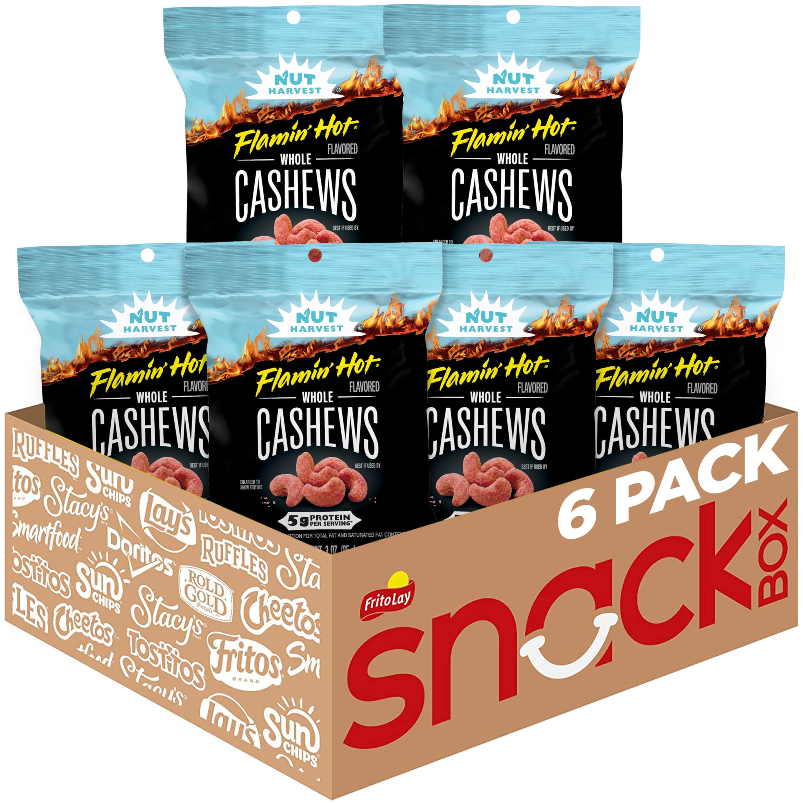 Nut Harvest front packaging showing six 3oz Flamin' Hot bags and convenient portioning benefits