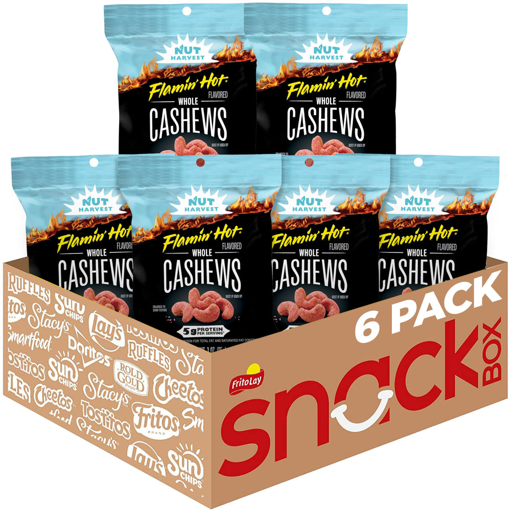 Nut Harvest front packaging showing six 3oz Flamin' Hot bags and convenient portioning benefits