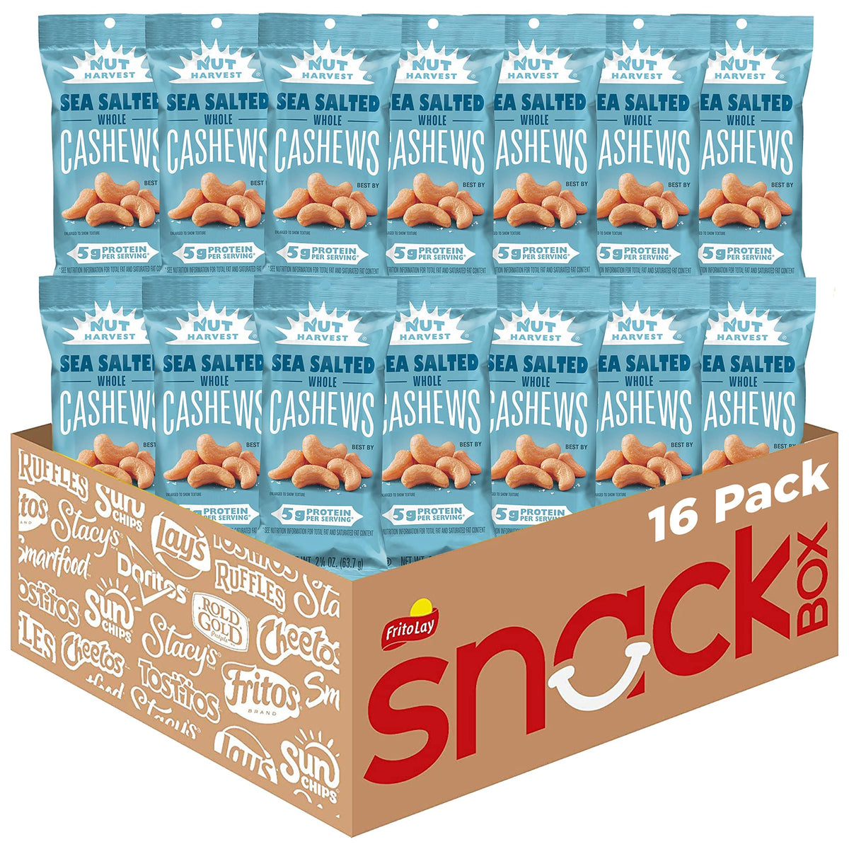 Nut Harvest front packaging showing pack of 16 single-serve cashew bags and convenience benefit