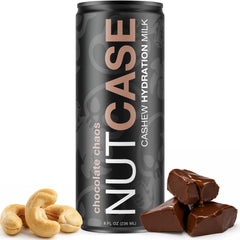 Nutcase front packaging showing 8oz bottle and chocolate label benefit convenience