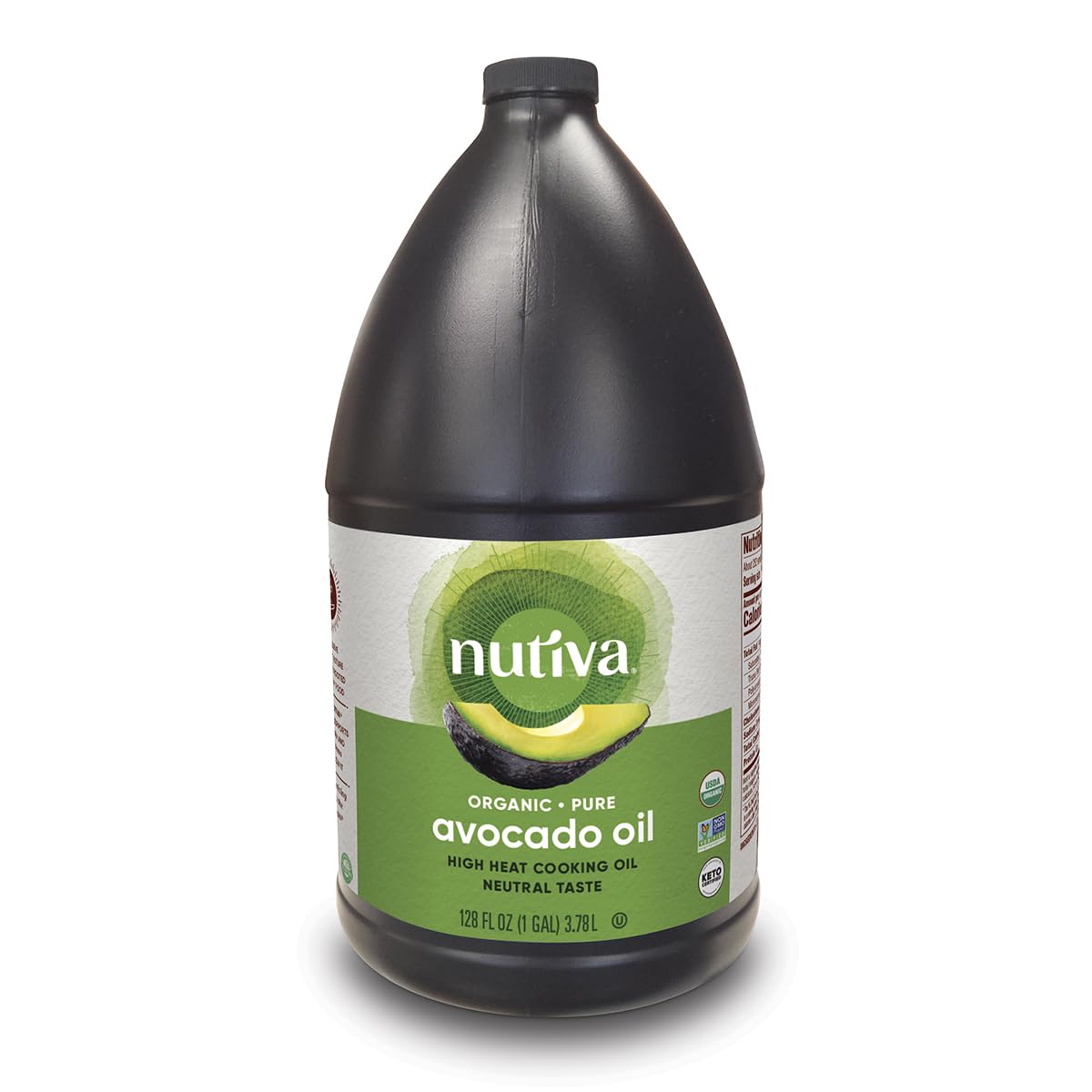 Nutiva avocado oil front gallon bottle showing label and organic badge for reliable supply