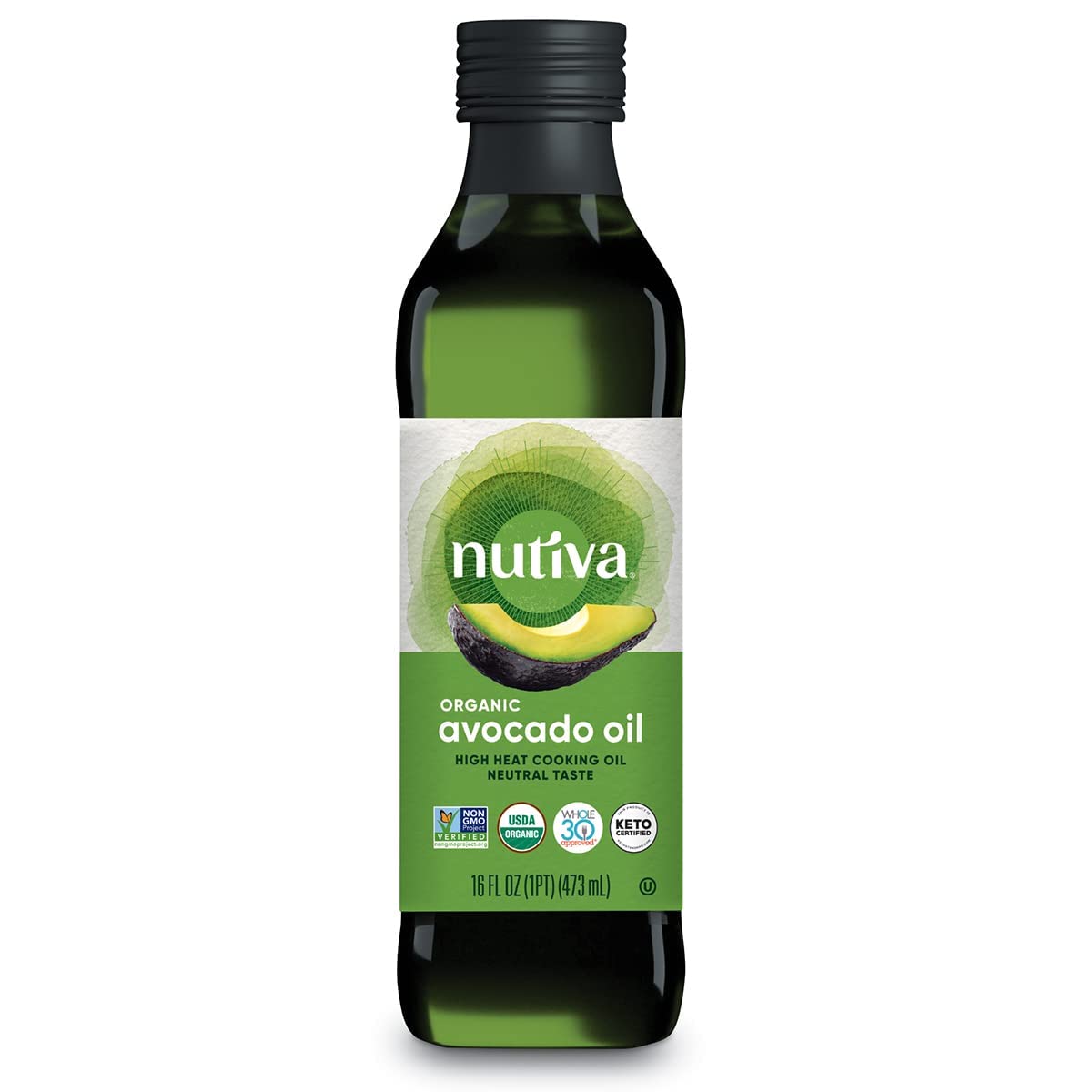 Nutiva front label showing organic certification and size benefit