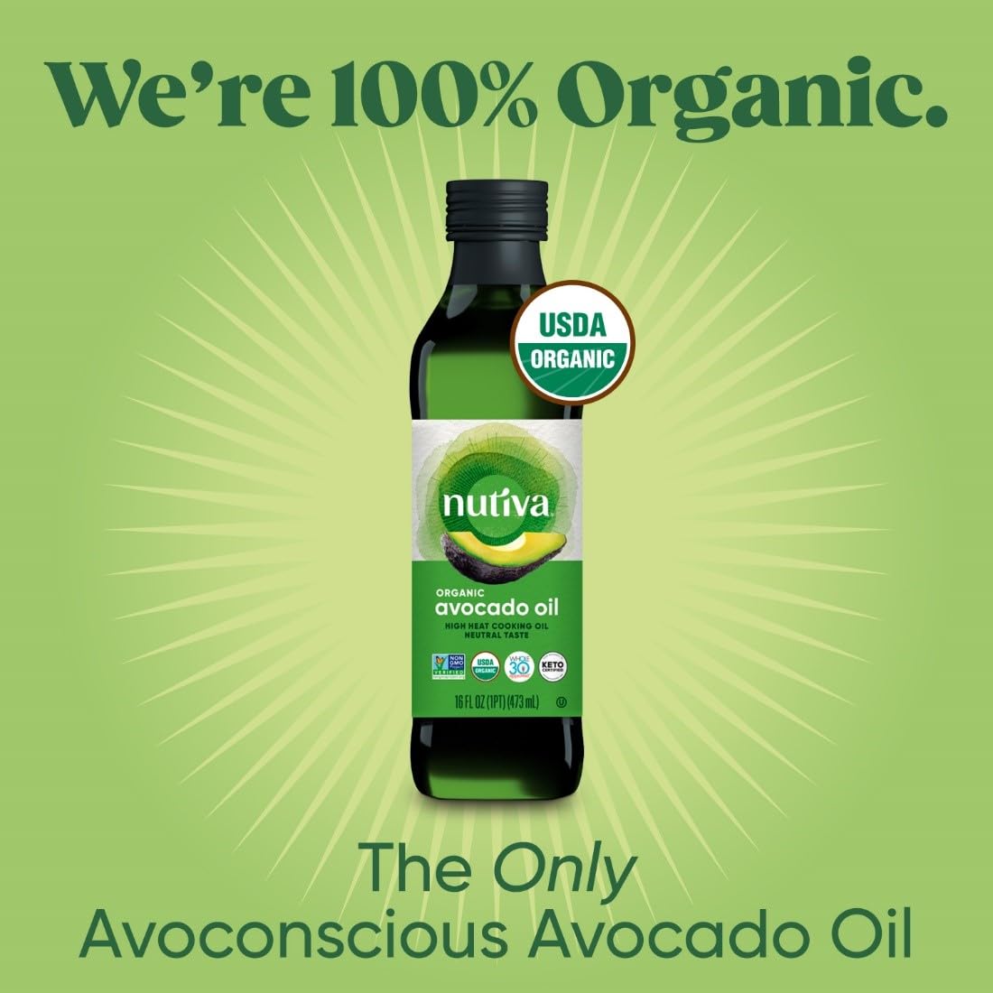 Nutiva avocado oil next to measuring cup showing one-gallon scale and value