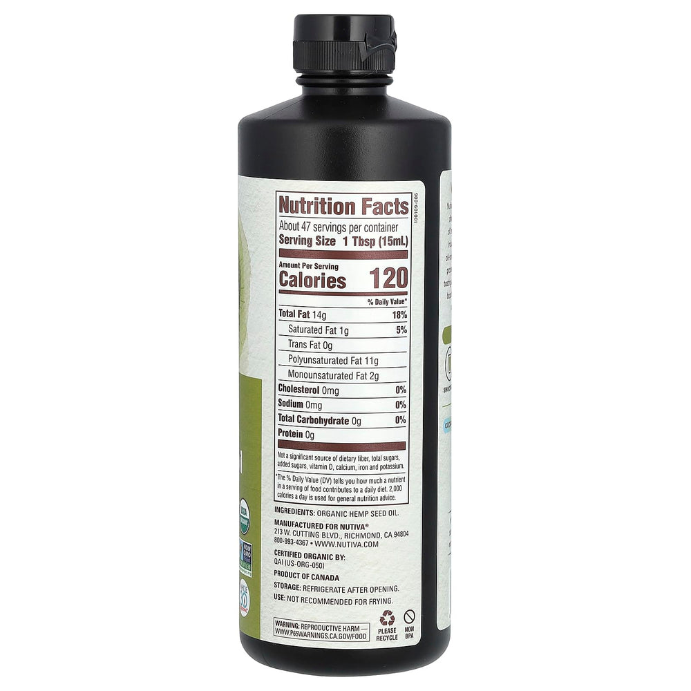 Nutiva hemp seed oil being poured over salad, highlights flavor and nutrient boost