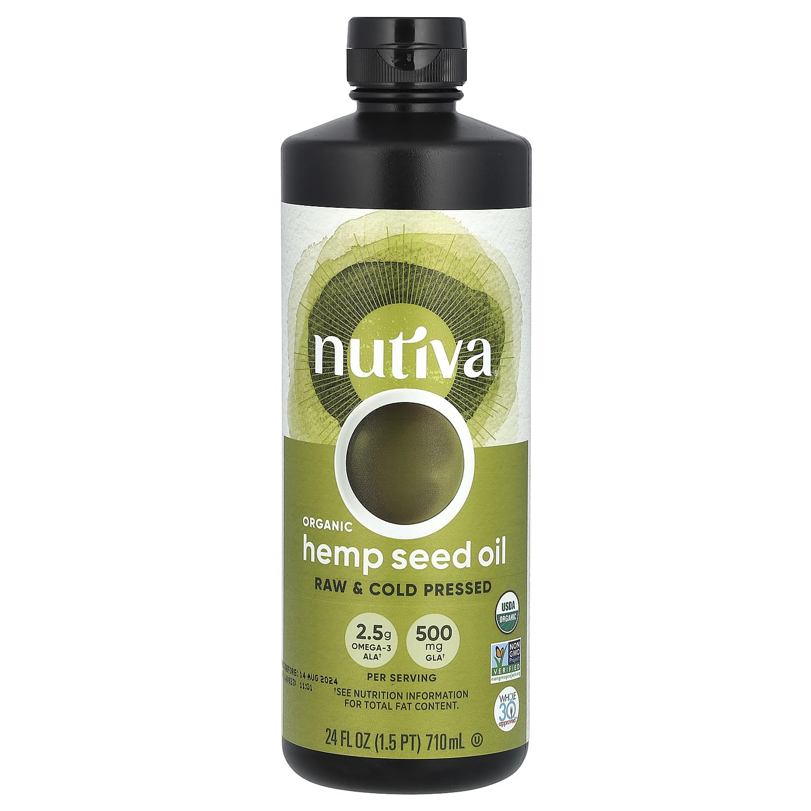 Nutiva bottle front view showing label and organic certification, promotes freshness