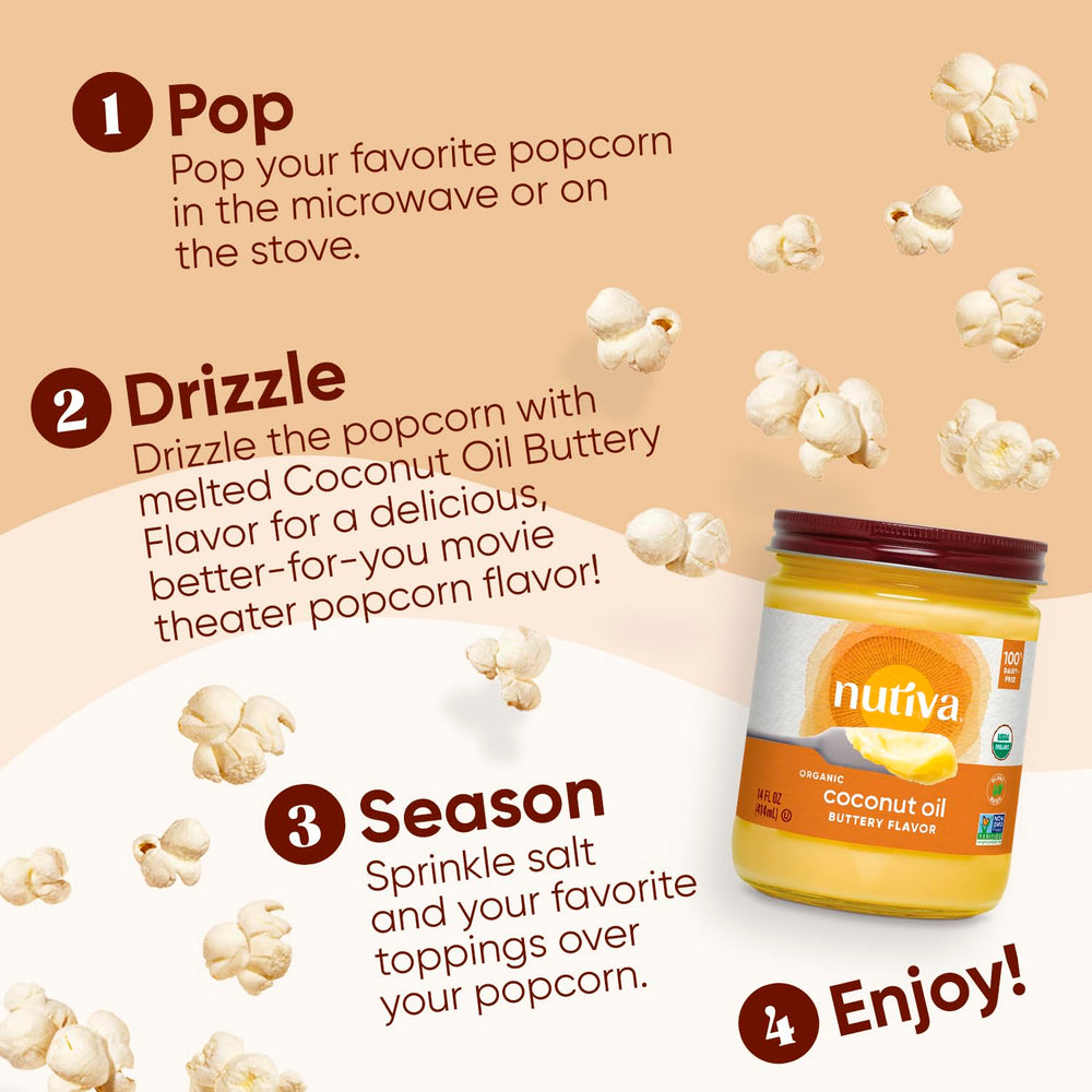Nutiva jar beside fruit for scale showing 14-ounce size and pantry-ready