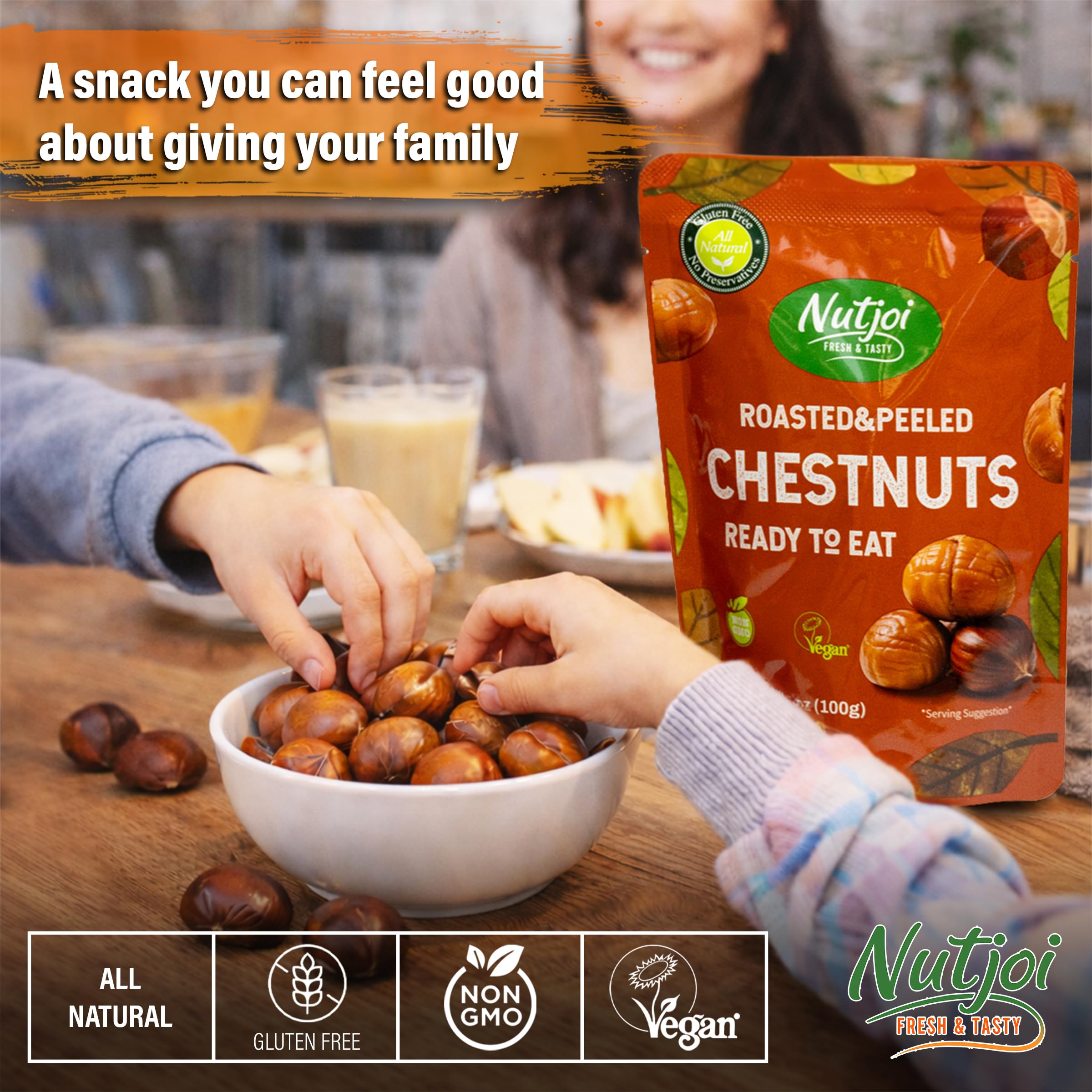 NUTJOI chestnuts packed in a lunchbox for family-friendly convenience
