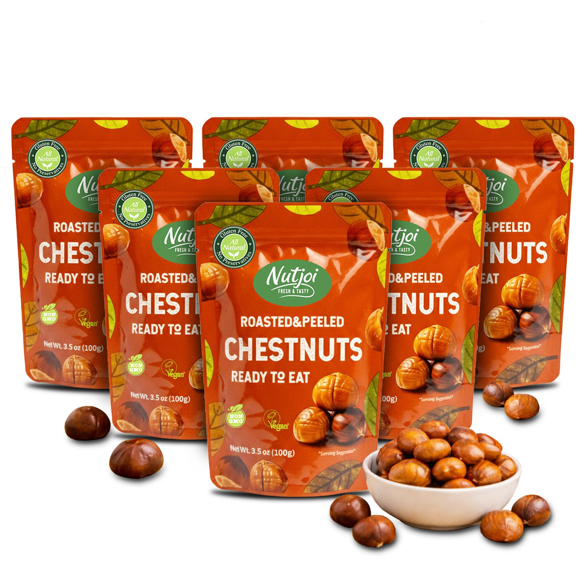 NUTJOI front pouch showing ready-to-eat chestnuts and convenient packaging