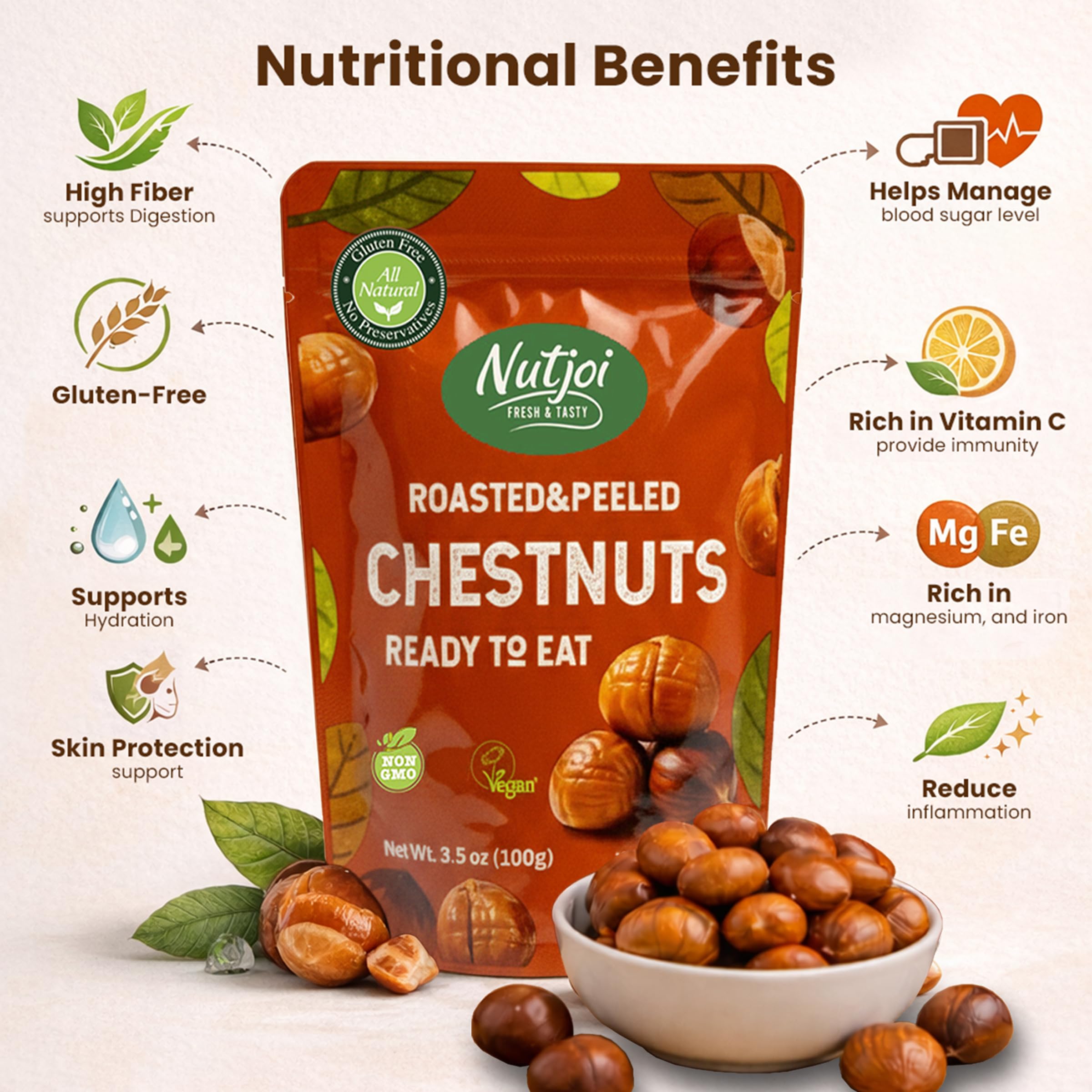 NUTJOI open pouch displaying whole peeled chestnuts for instant use