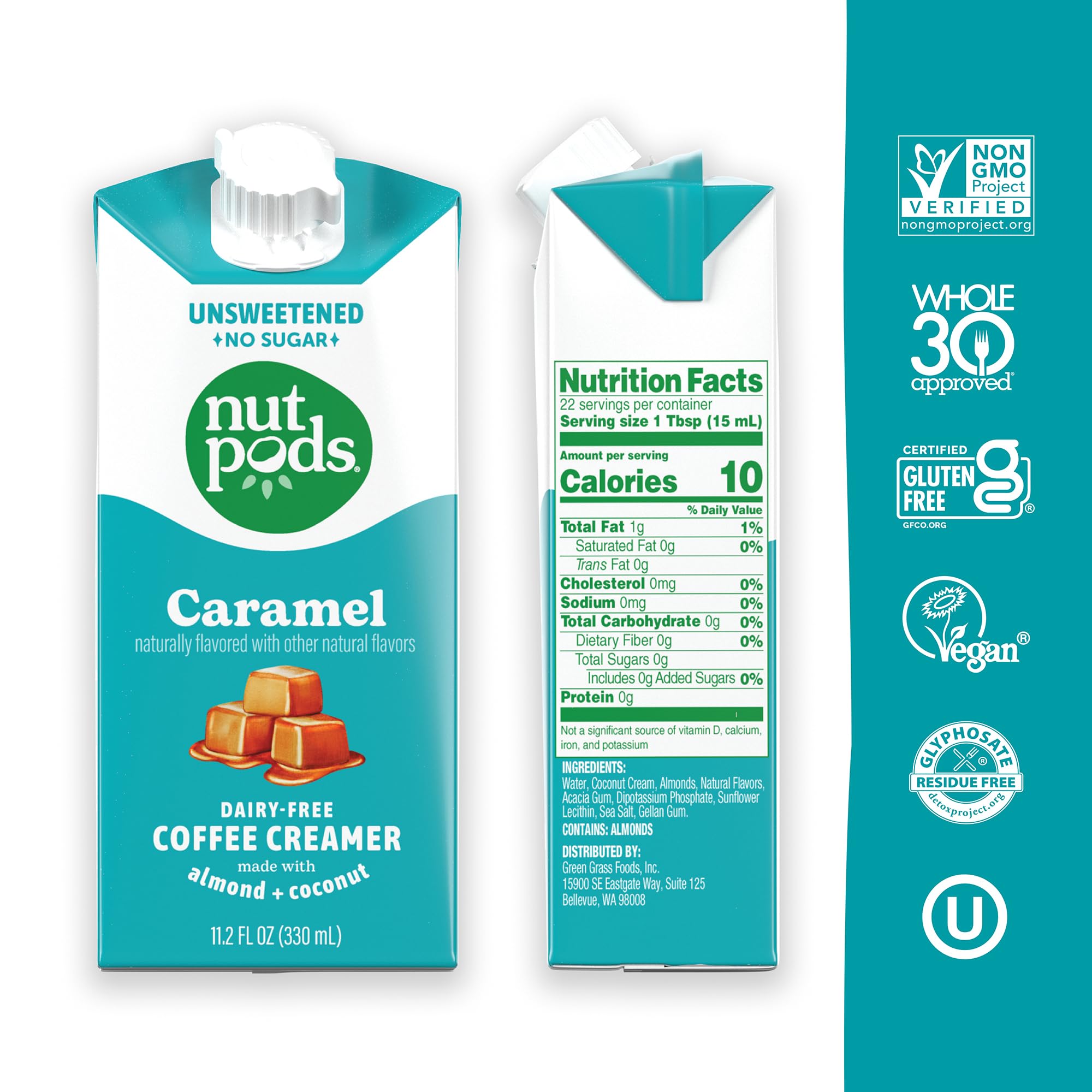 nutpods pouring caramel creamer into coffee for creamy texture and flavor