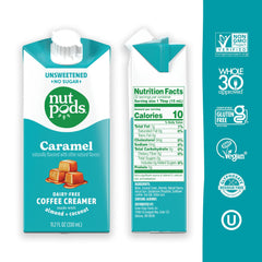nutpods pouring caramel creamer into coffee for creamy texture and flavor