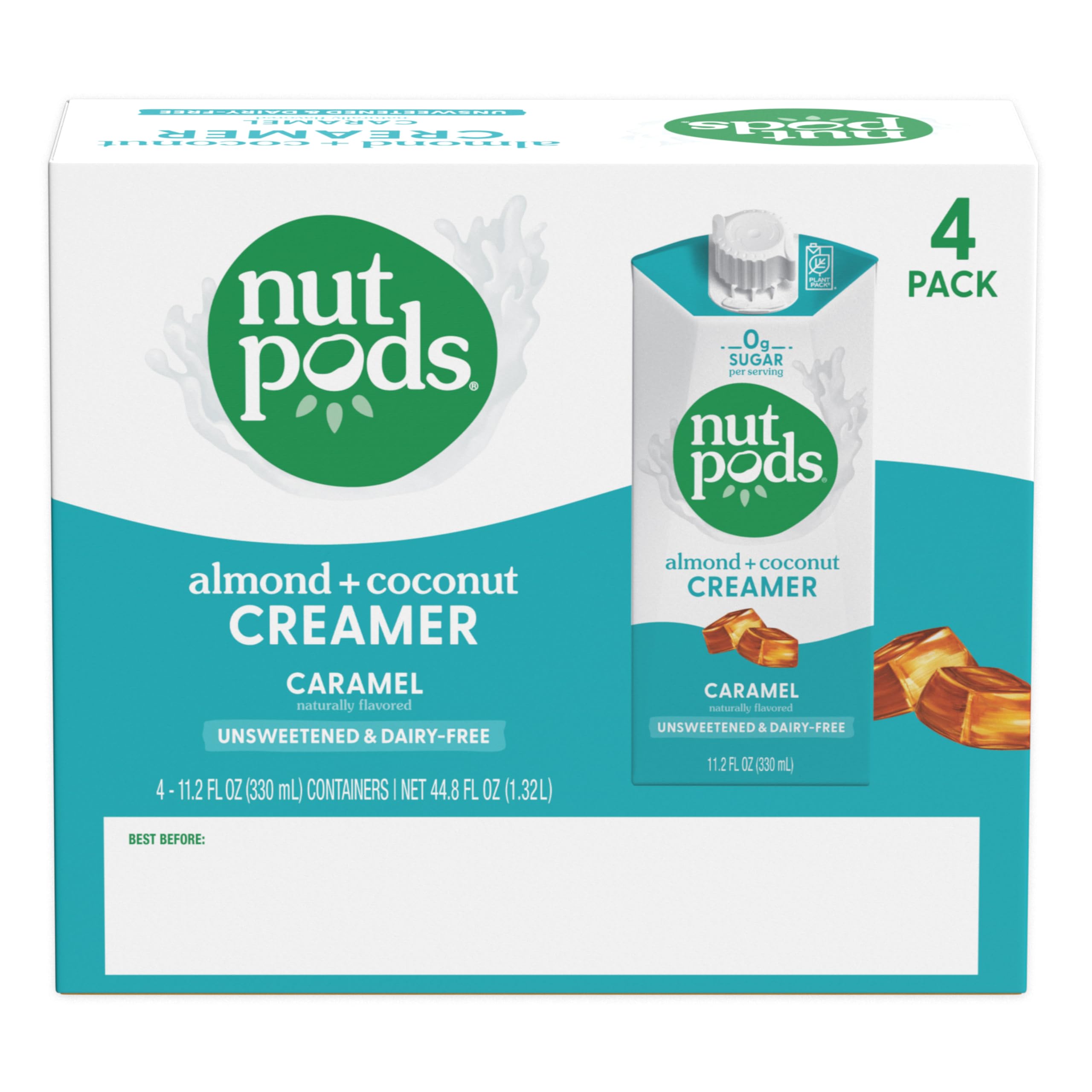 nutpods container label close-up highlighting unsweetened and shelf-stable features