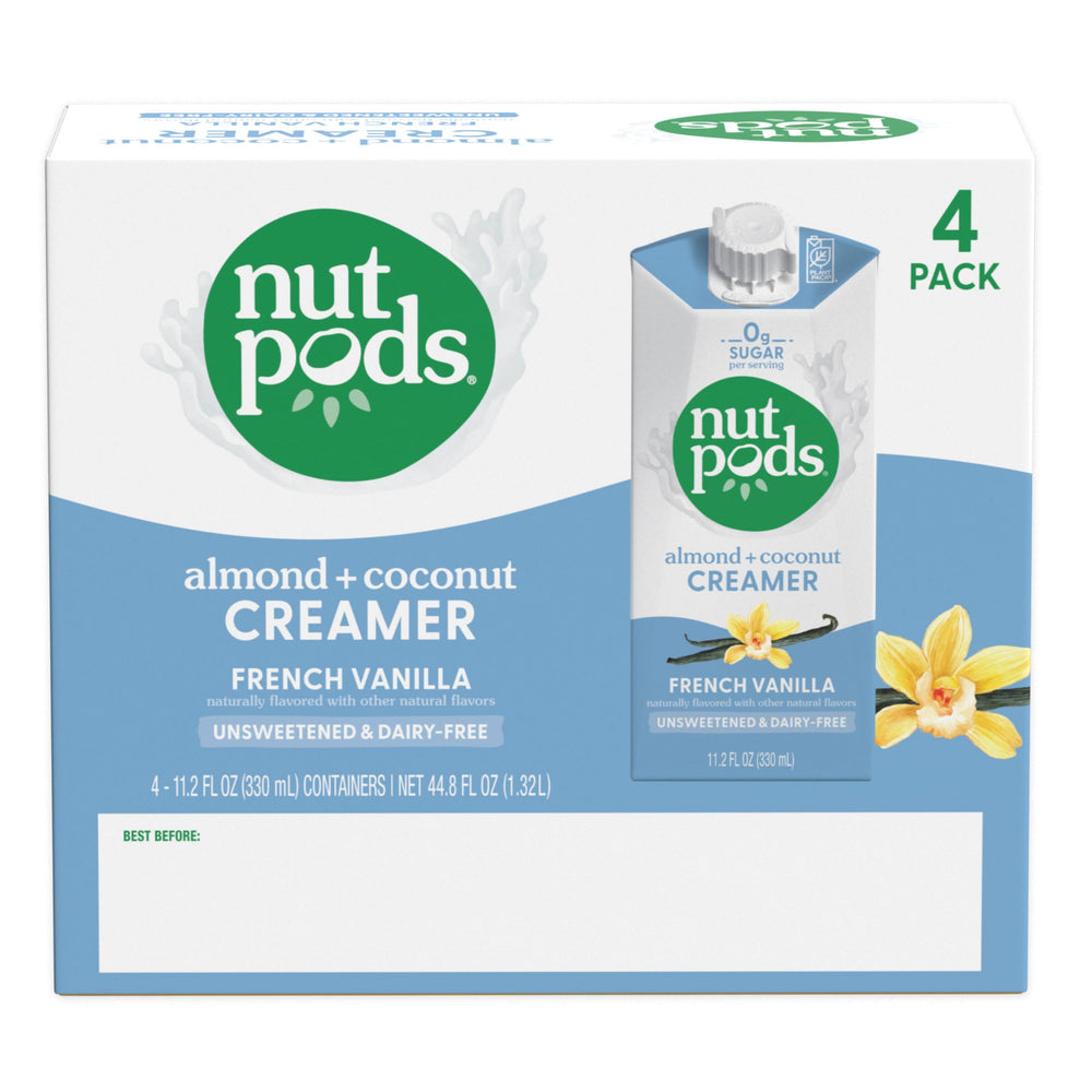 nutpods carton held in hand showing portable 11.2 oz size