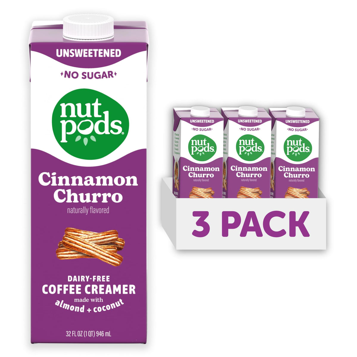 nutpods front packaging showing cinnamon churro creamer and benefits
