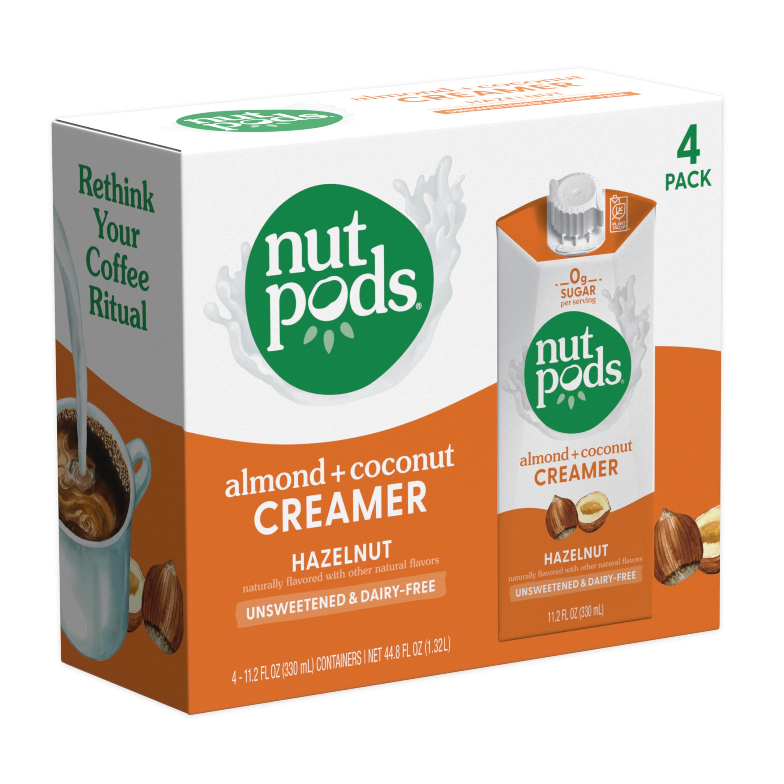 nutpods front packaging showing hazelnut creamer and brand benefit