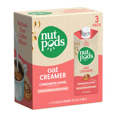 nutpods front packaging showing oat cinnamon swirl and benefits