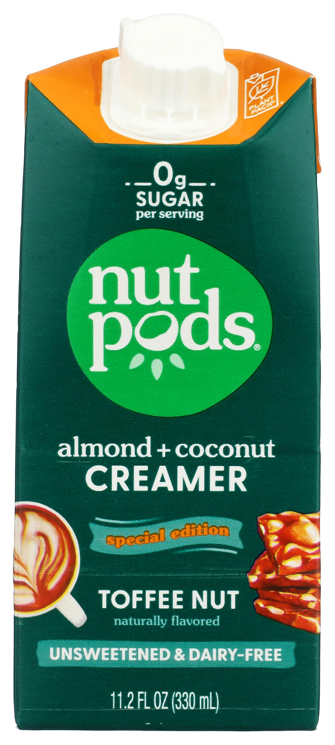 nutpods front label close-up showing toffee nut almond coconut flavor and bottle benefit