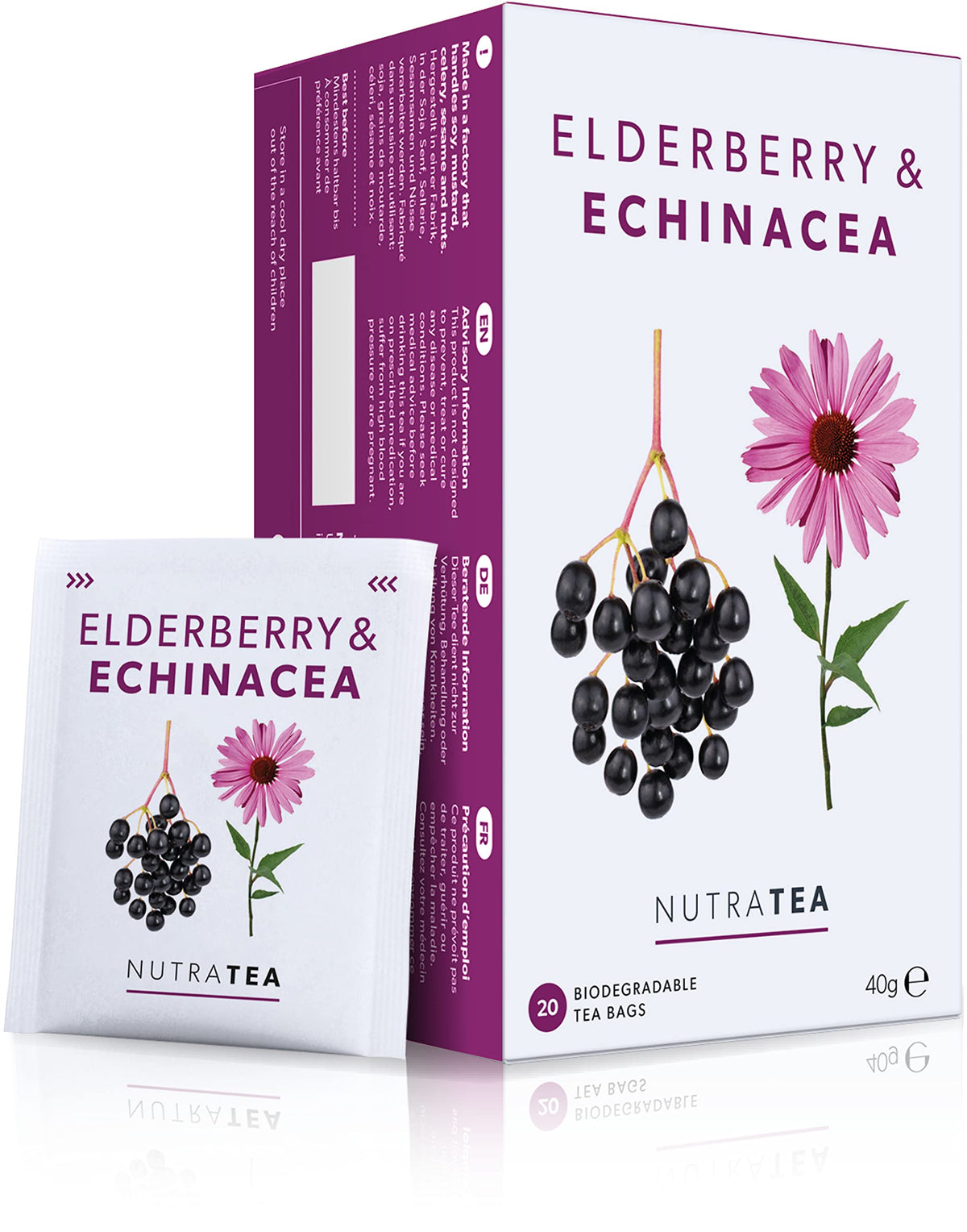 Nutra Tea front packaging showing 20 individually wrapped teabags and benefits