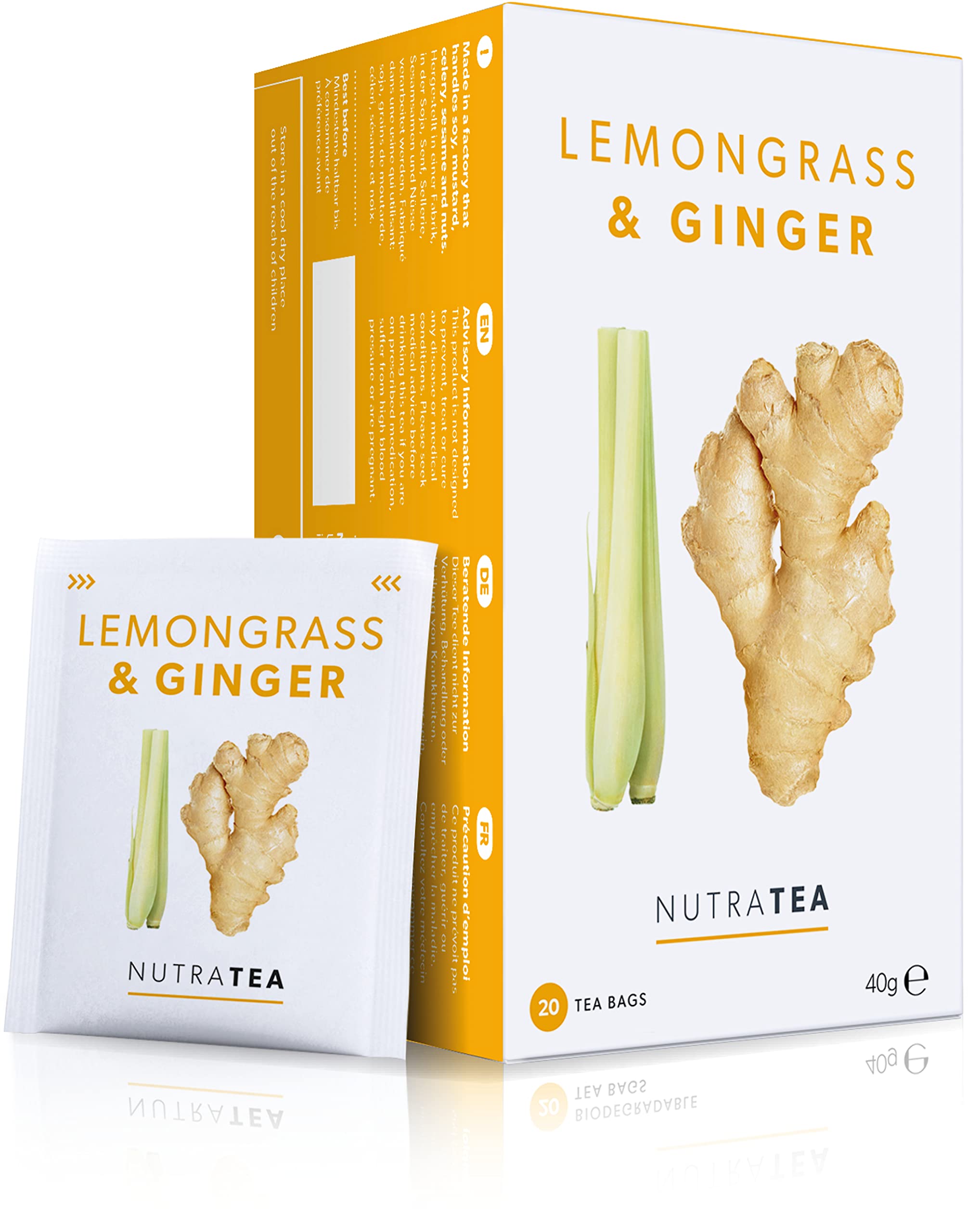 Nutra Tea front packaging showing box and eco-friendly claims for clear product info