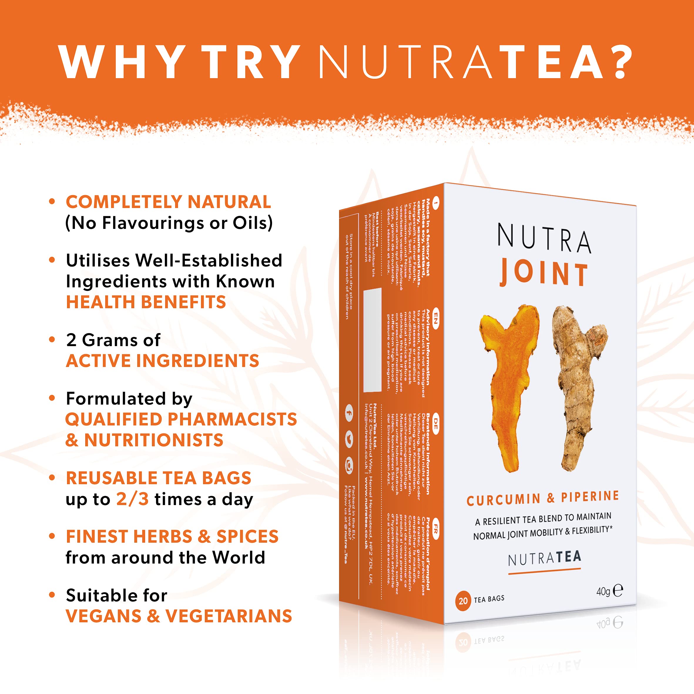 Nutra Tea brewed cup steaming, showing drinkable joint support and pleasant taste